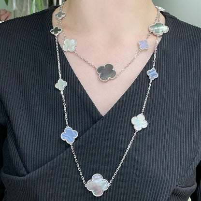 ¡®Aura Jewels¡¯CLOVER 16 MOTIF CHALCEDONY MOP SILVER NECKLACE