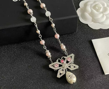 [Aura Jewels] Bow & Pearl Double C Pavé Diamond Necklace