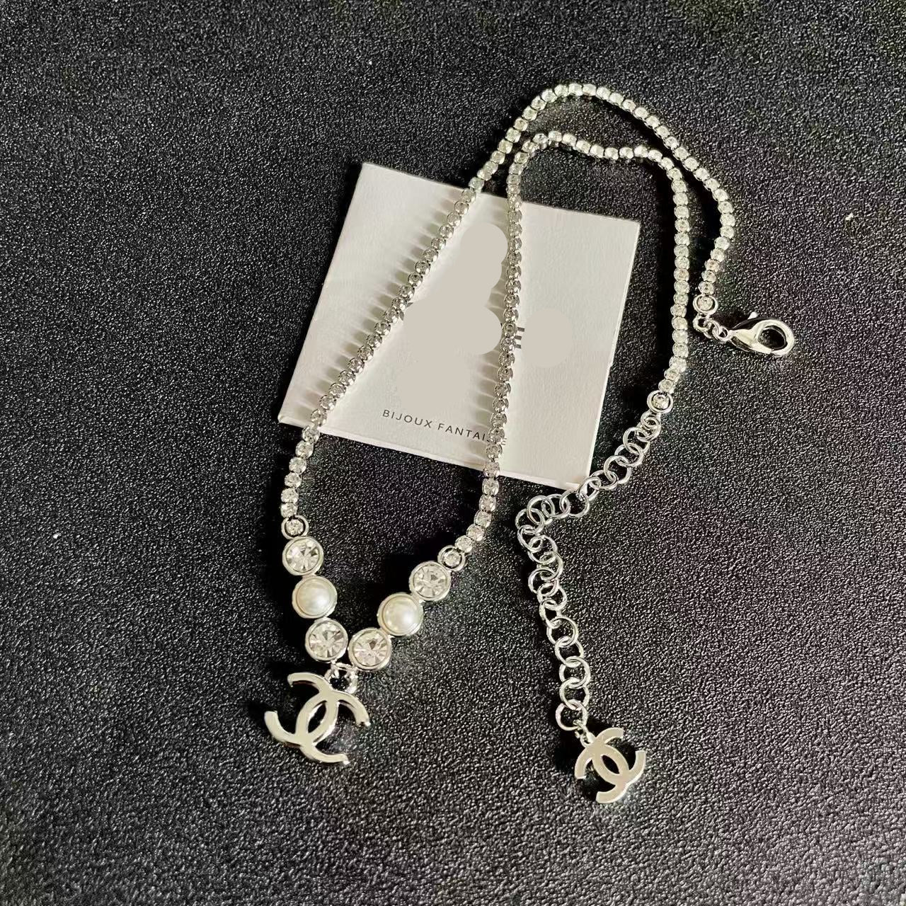 [Aura Jewels]Double C Necklace with Pearls & Cubic Zirconia