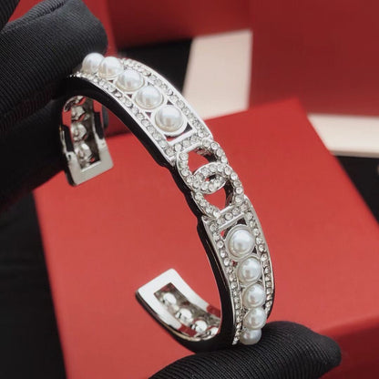 ¡®Aura JewelsOpen Cuff Bangle Set with Pearls and Fully Pavé Interlocking Double C Motif