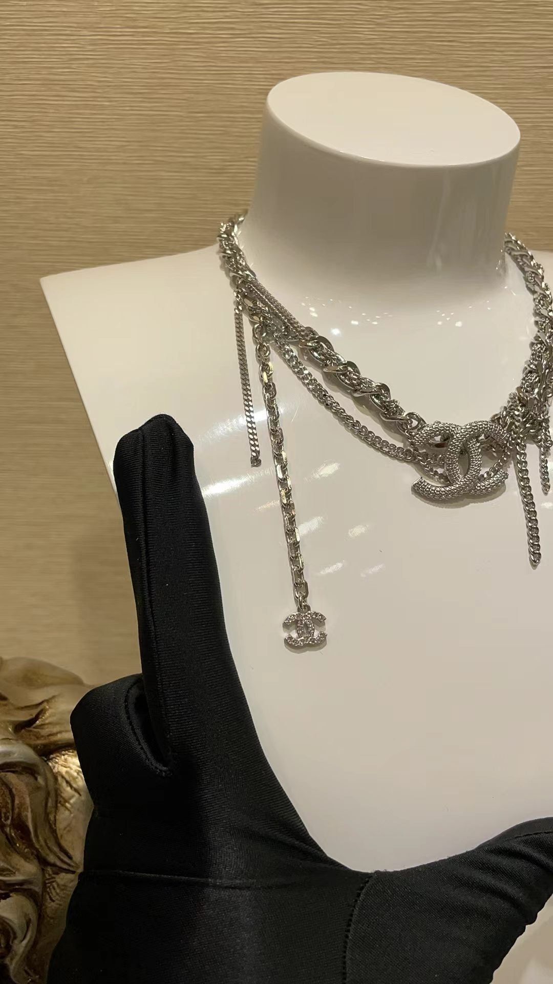 [Aura Jewels]New Silver Interlocking CC Multi-Layer Tassel Necklace