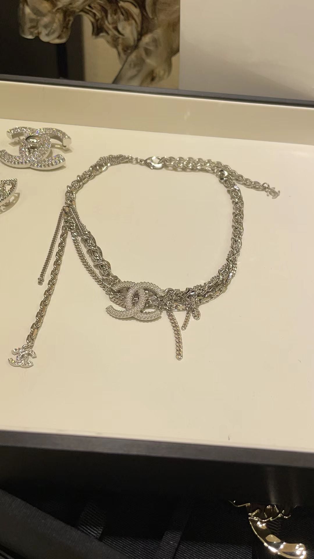 [Aura Jewels]New Silver Interlocking CC Multi-Layer Tassel Necklace
