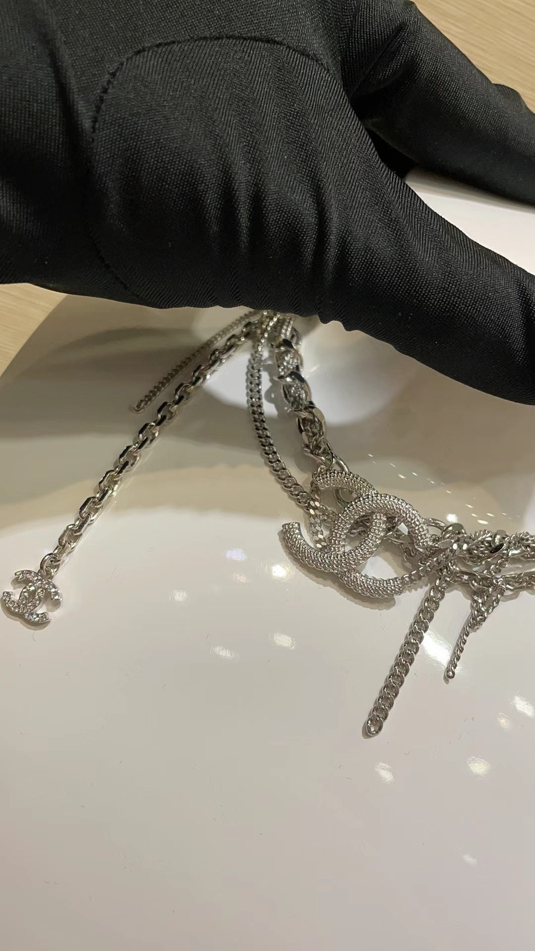 [Aura Jewels]New Silver Interlocking CC Multi-Layer Tassel Necklace