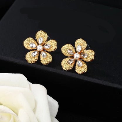 [Aura Jewels]Vintage Hammered Gold Camellia Pearl Teardrop Crystal Stud Earrings