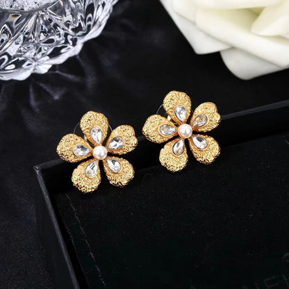 [Aura Jewels]Vintage Hammered Gold Camellia Pearl Teardrop Crystal Stud Earrings