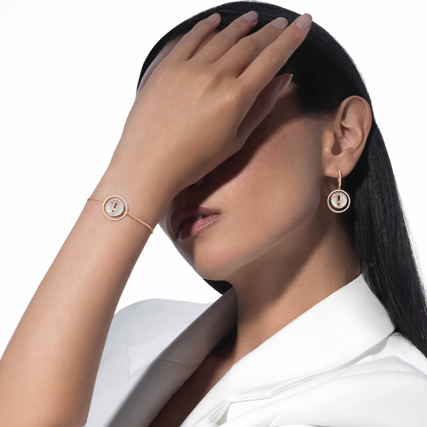 [Aura Jewels]LUCKY MOVE WHITE MOTHER OF PEARL PINK GOLD DIAMOND BRACELET