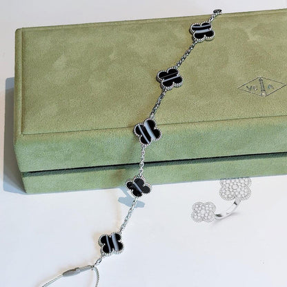[Aura Jewels] CLOVER 5 MOTIF VEINED ONYX BRACELET SILVER