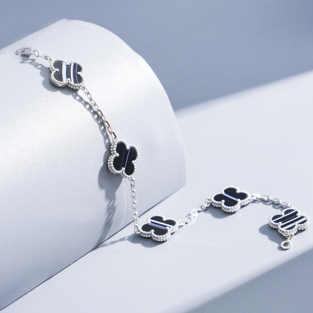 [Aura Jewels] CLOVER 5 MOTIF VEINED ONYX BRACELET SILVER