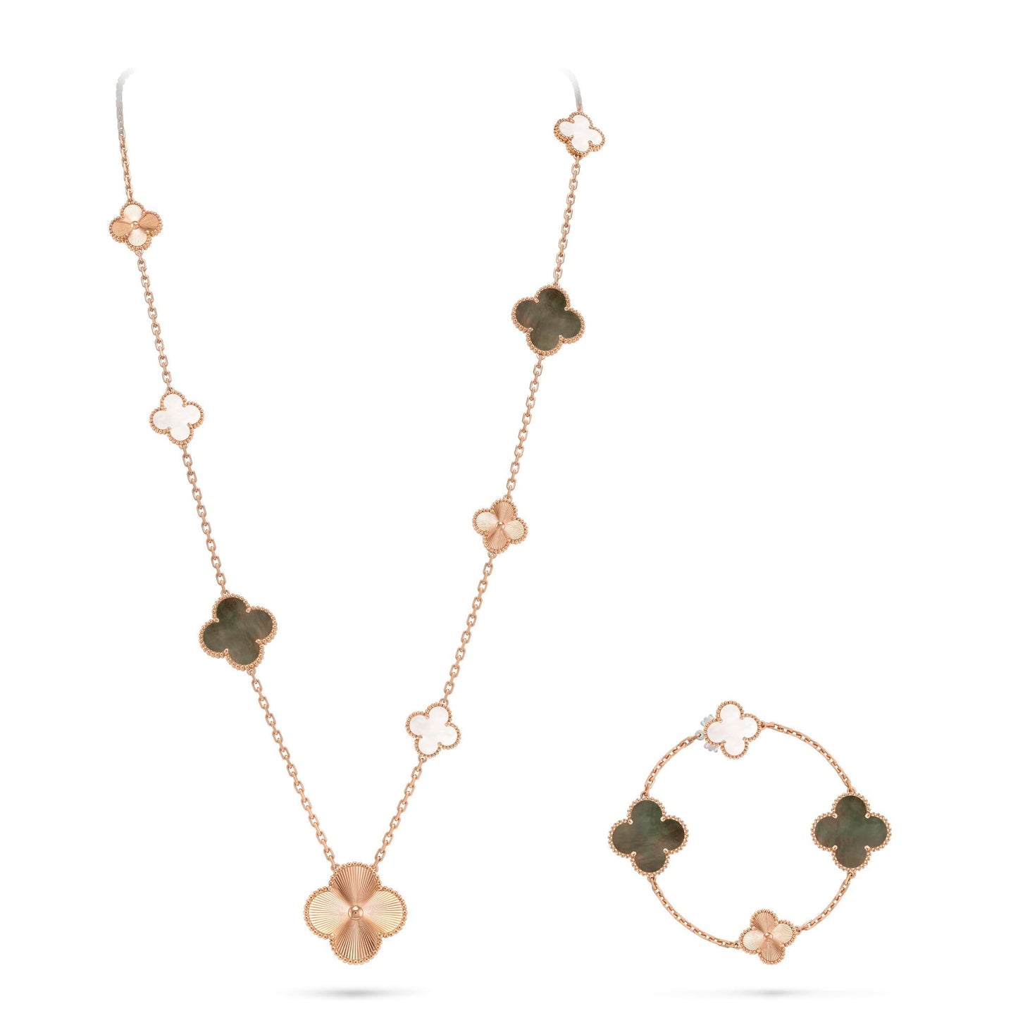 [Aura Jewels]DETACHABLE CLOVER 15(11+4) FLOWER ROSE GOLD NECKLACE SET