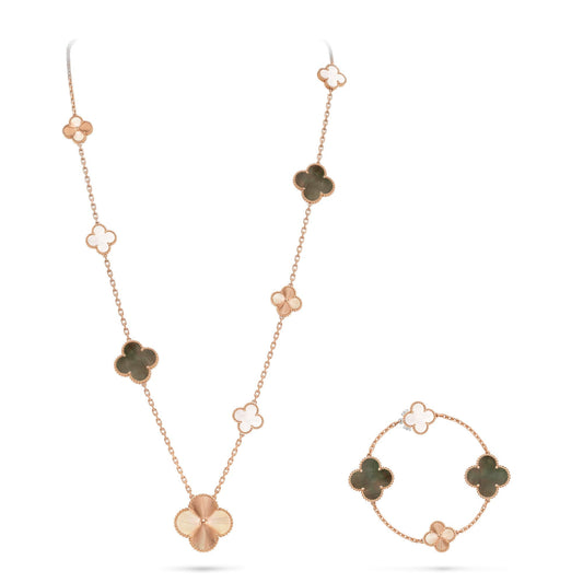 [Aura Jewels]DETACHABLE CLOVER 15(11+4) FLOWER ROSE GOLD NECKLACE SET