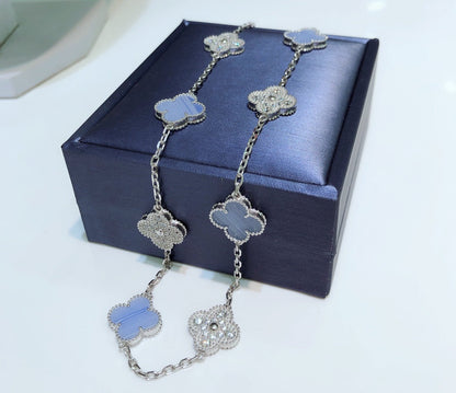 ¡®Aura Jewels¡¯CLOVER 10 MOTIFS CHALCEDONY DIAMONDS SILVER NECKLACE