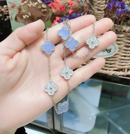 ¡®Aura Jewels¡¯CLOVER 10 MOTIFS CHALCEDONY DIAMONDS SILVER NECKLACE